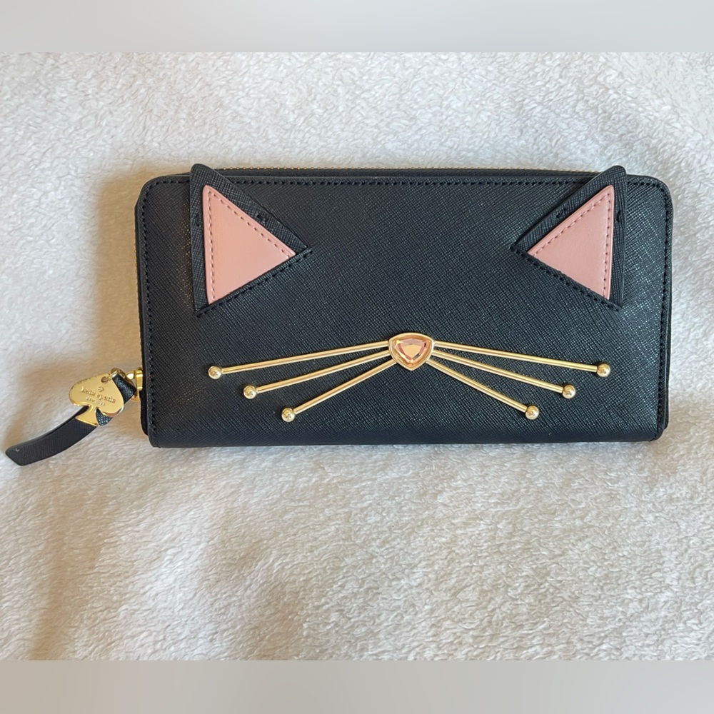 Kate Spade Cat Wallet Black Saffiano Leather Zip Around Pink Novelty